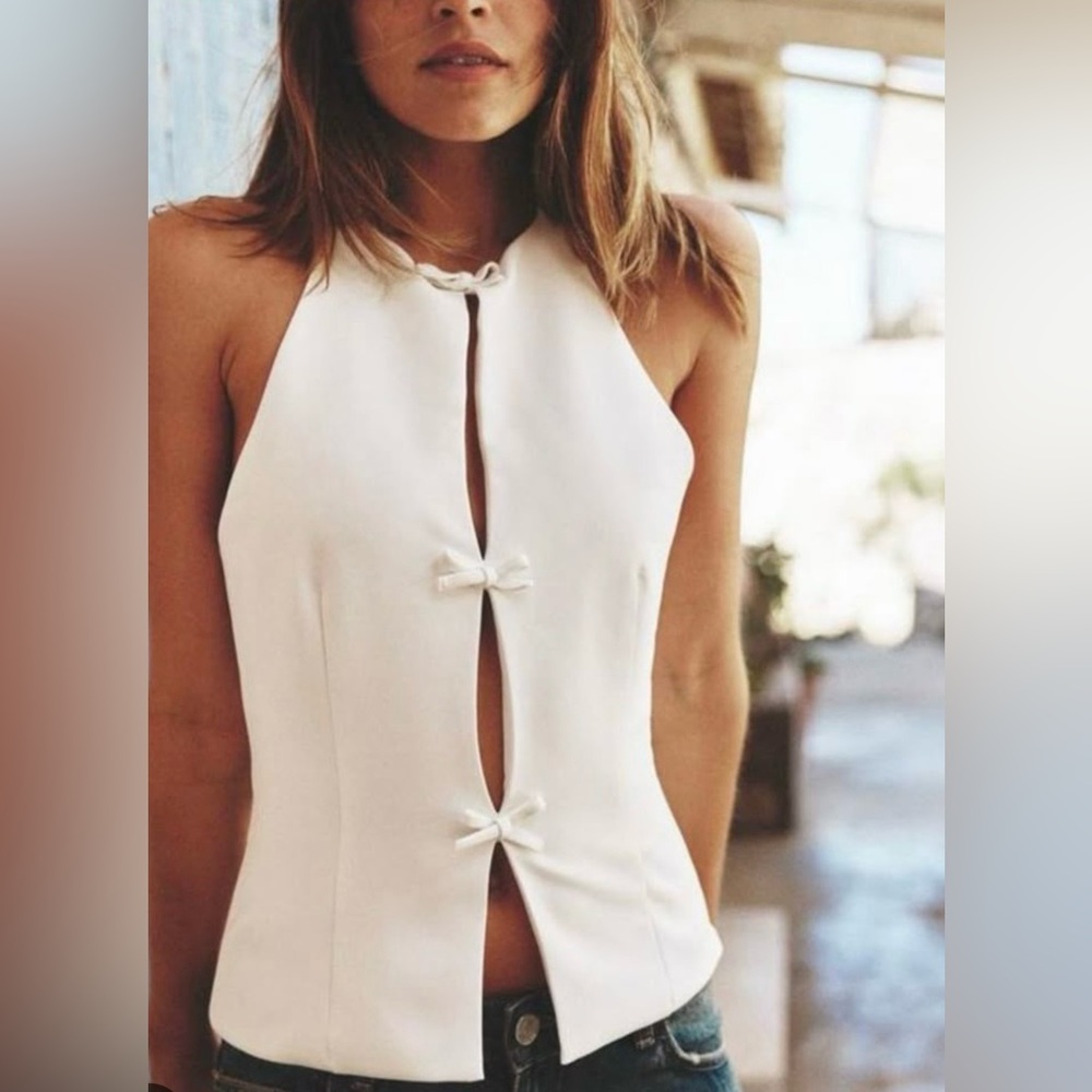 Zara White Halter Keyhole Bow Front Top